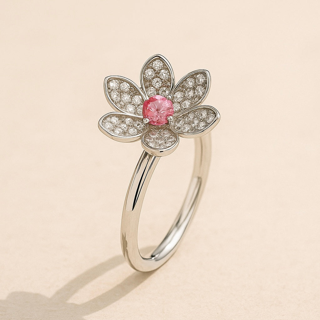 プラチナ フラワーモチーフリング(ピンクサファイア (ラボ)× ラボグロウンダイヤモンド)