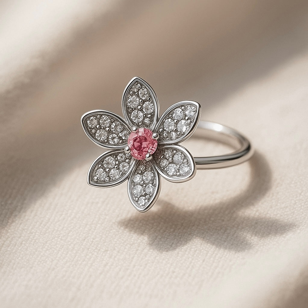 プラチナ フラワーモチーフリング（ピンクサファイア （ラボ）× ラボグロウンダイヤモンド）